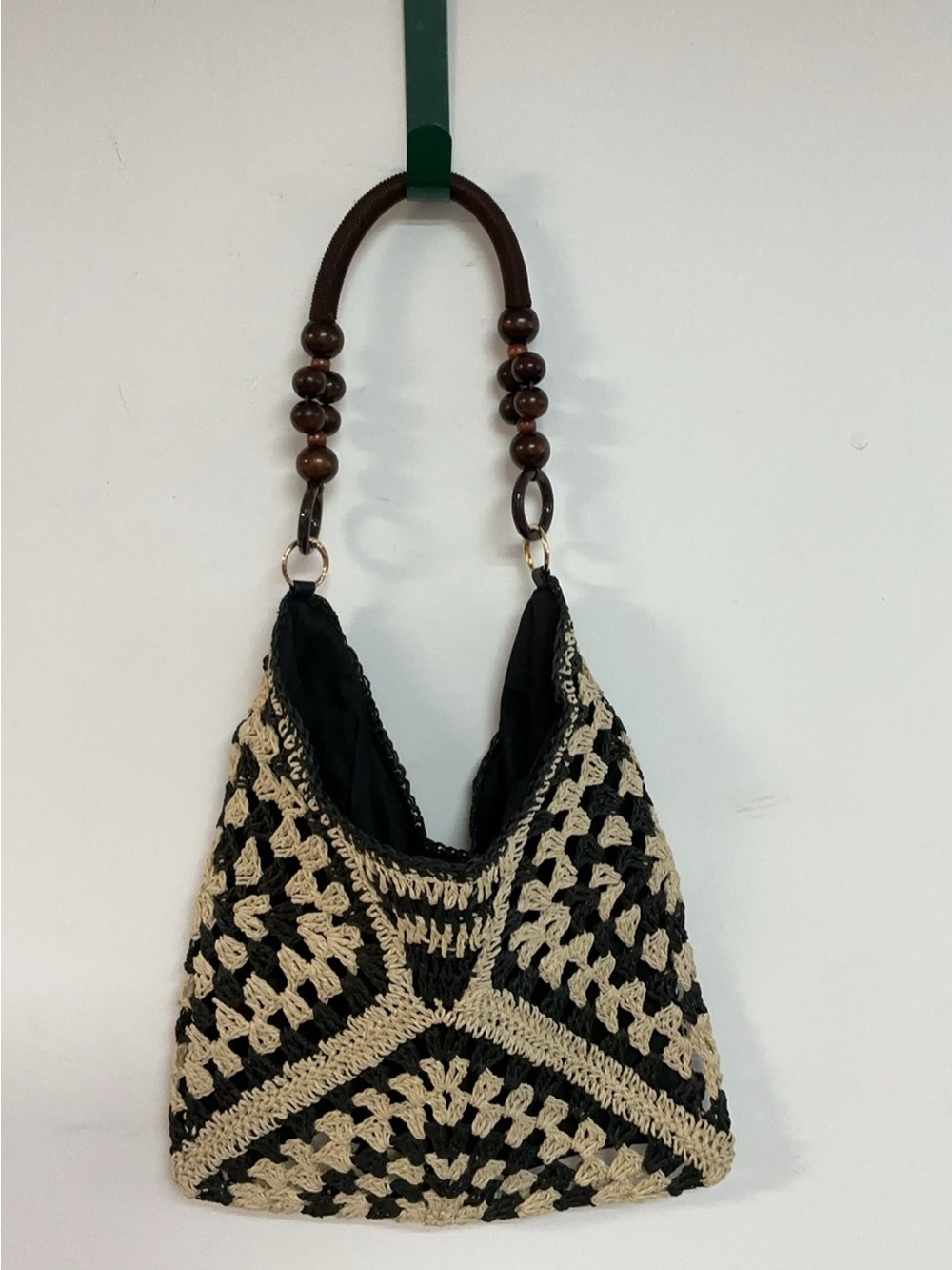 Handwoven Black and Cream Crochet Shoulder Bag